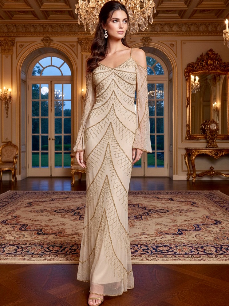 Elegant Hand Beaded Cold-Shoulder Evening Gown In Champagne
